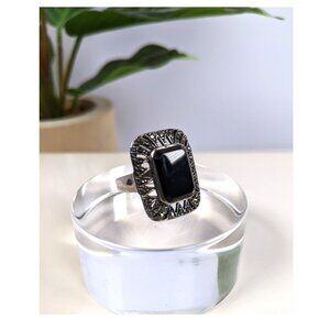 925 Sterling Silver Vintage Black Onyx & Marcasite Gem Statement Ring Size 7 3/4